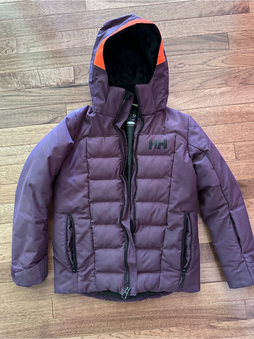 Helly Hansen Kids Purple Puffer Winter/Ski Coat with Orange Hood Accent